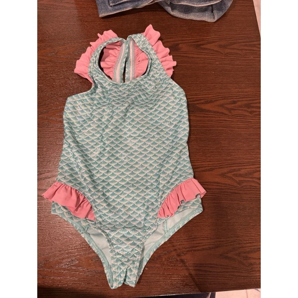Sweet Pineapple Mermaid Scale One-Piece Swim Size 4 Blue & Pink Ruffled Bow